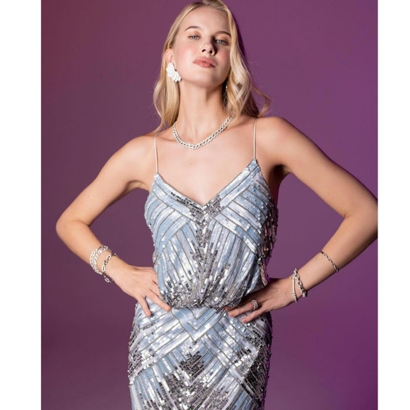 Aidan Mattox Cloud Blue Spaghetti Strapped Allover Beaded Long Dress - Picture 3 of 6